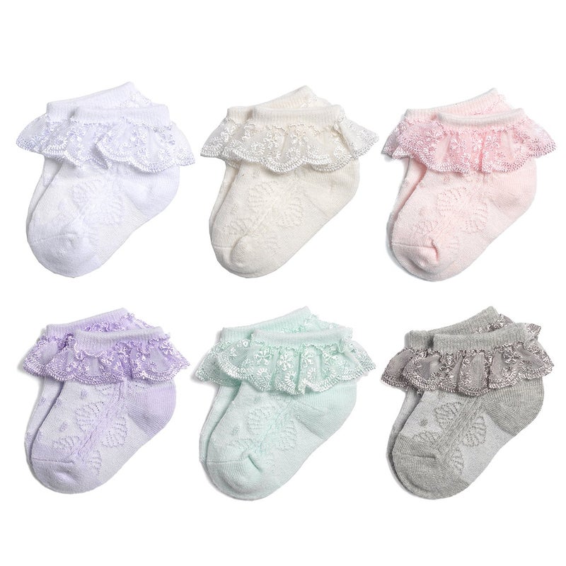 EPEIUS 6 Pairs Baby-Girls Infants Eyelet Frilly Lace Socks Princess Ankle Socks for 6-12 Months Ivory/Pink/White/Gray/Mint Green/Purple - Image 1
